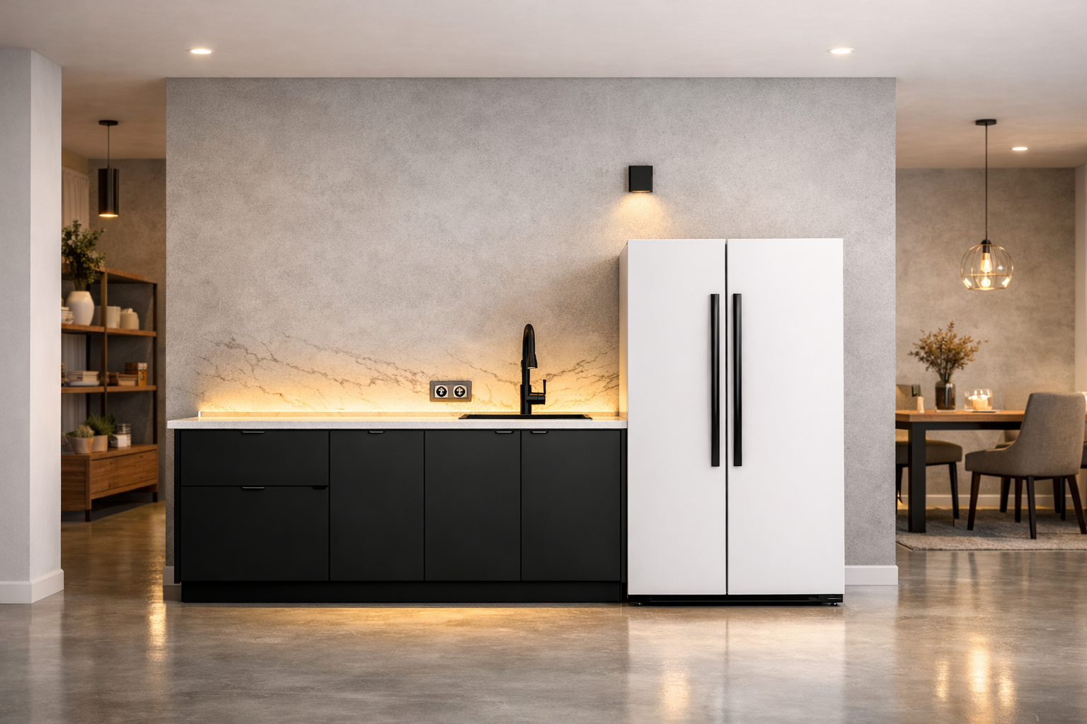  Imagen 2 de 10, vista lateral izquierda del diseño blanco y negro moderno, estilo showroom.Esta toma mostrará el refrigerador blanco con asas negras, los gabinetes negros mate y la iluminación cálida reflejada en el piso pulido, todo con fondo gris claro.