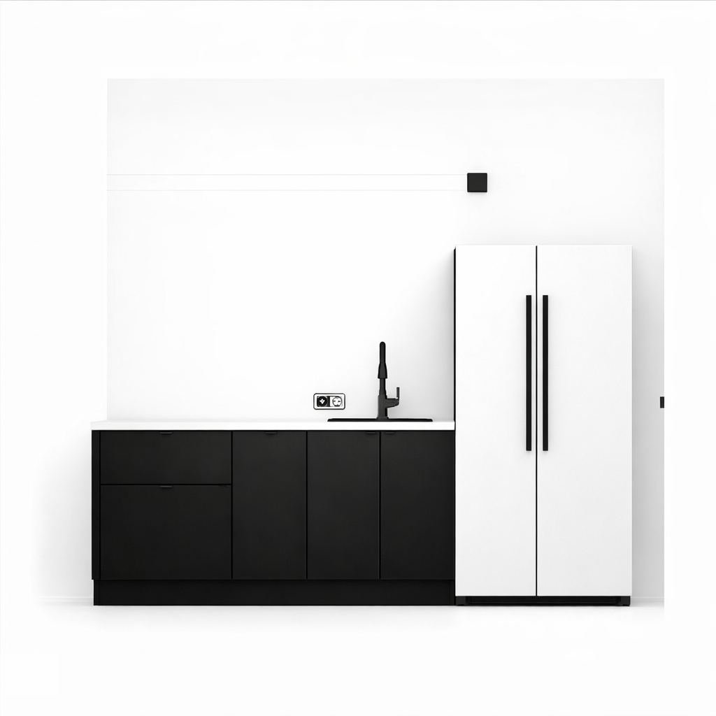 A modern kitchen space features a minimalist design with a large island counter. The cabinetry is dark and sleek, complemented by a stylish faucet. Wooden flooring harmonizes with the wooden dining set, consisting of a table and several chairs. Wide glass doors on either side offer ample natural light and views of the outdoors, with a patio visible on one side.