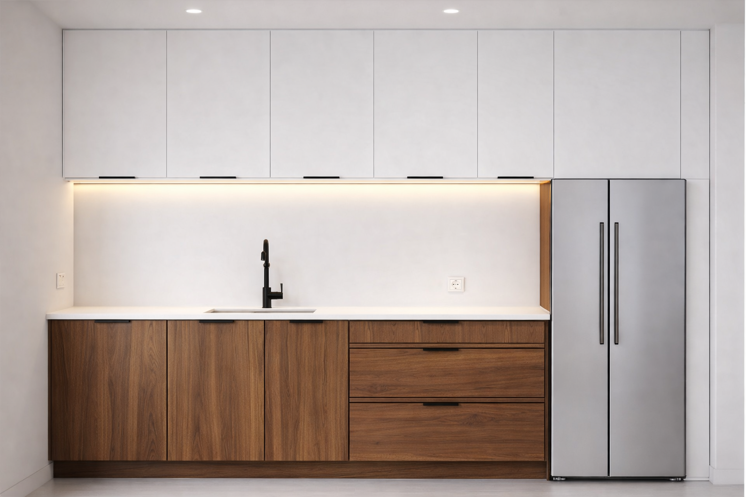 A modern kitchen with minimalist design featuring sleek cabinets, open shelves with LED lighting, a black faucet, and a coffee machine. A small framed picture, a red vase, and two decorative bowls are placed on the shelves. To the right, sunlight filters through white curtains, offering a sense of natural light.